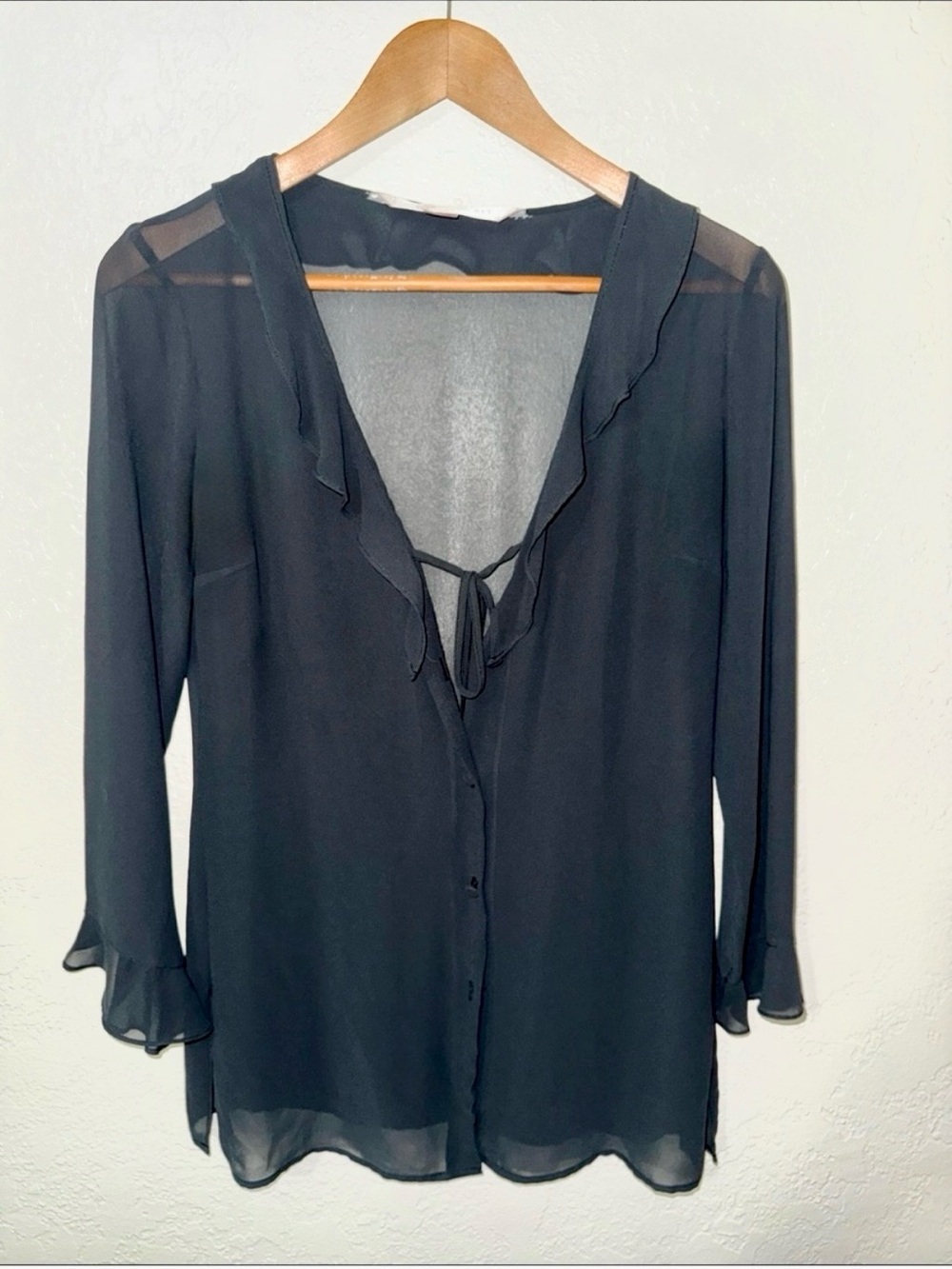 Vintage Y2K Victoria's Secret Black Sheer Blouse XS Chiffon Ruffle Tie Front
